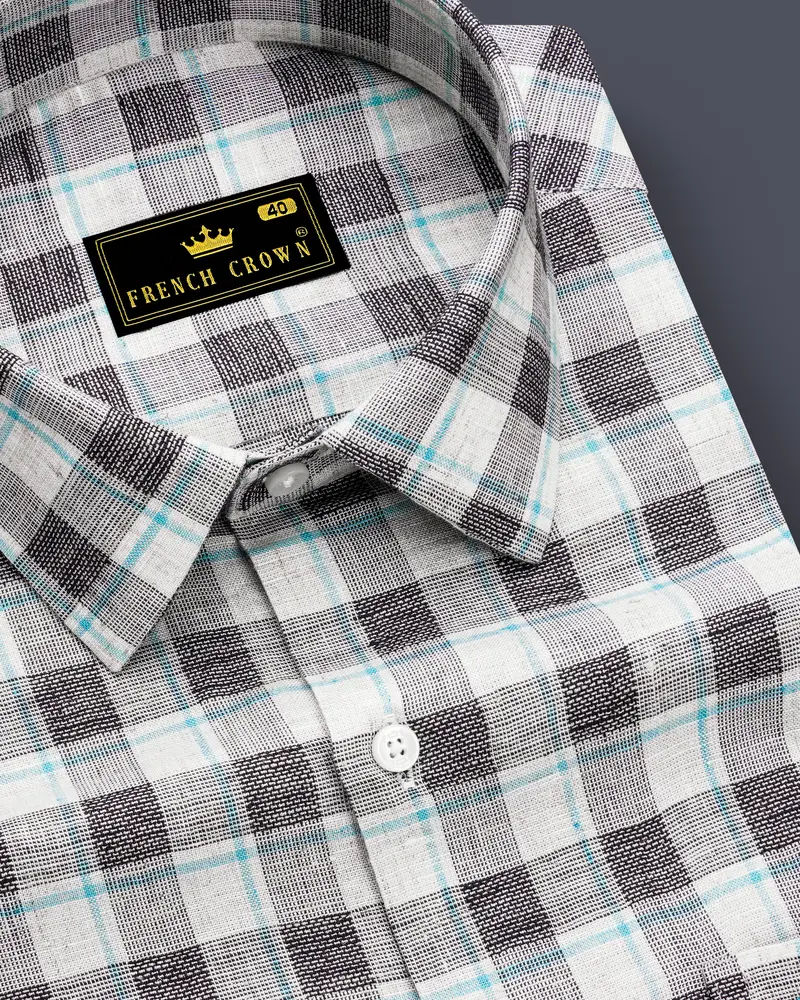 Alviano-Vista White And Horizon Blue Plaid Luxurious Linen Semi Formal Shirt 1