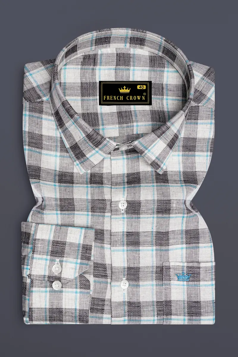 Alviano-Vista White And Horizon Blue Plaid Luxurious Linen Semi Formal Shirt 4