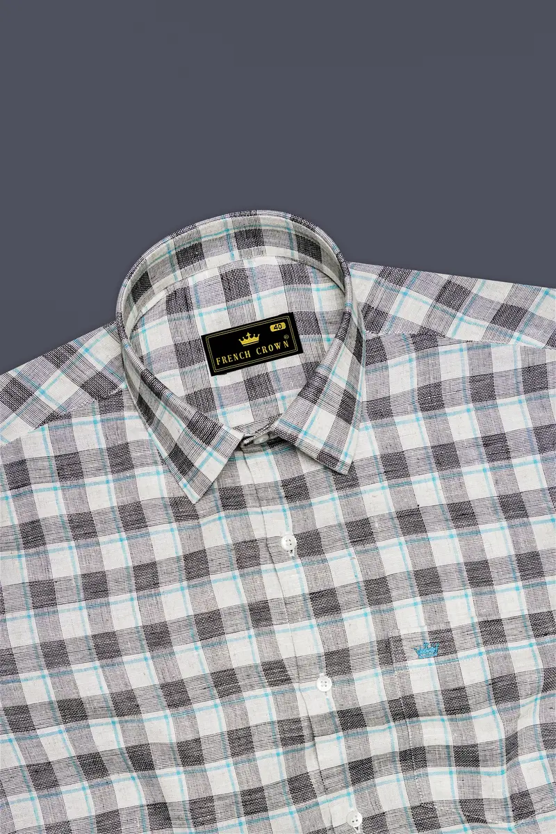 Alviano-Vista White And Horizon Blue Plaid Luxurious Linen Semi Formal Shirt 5