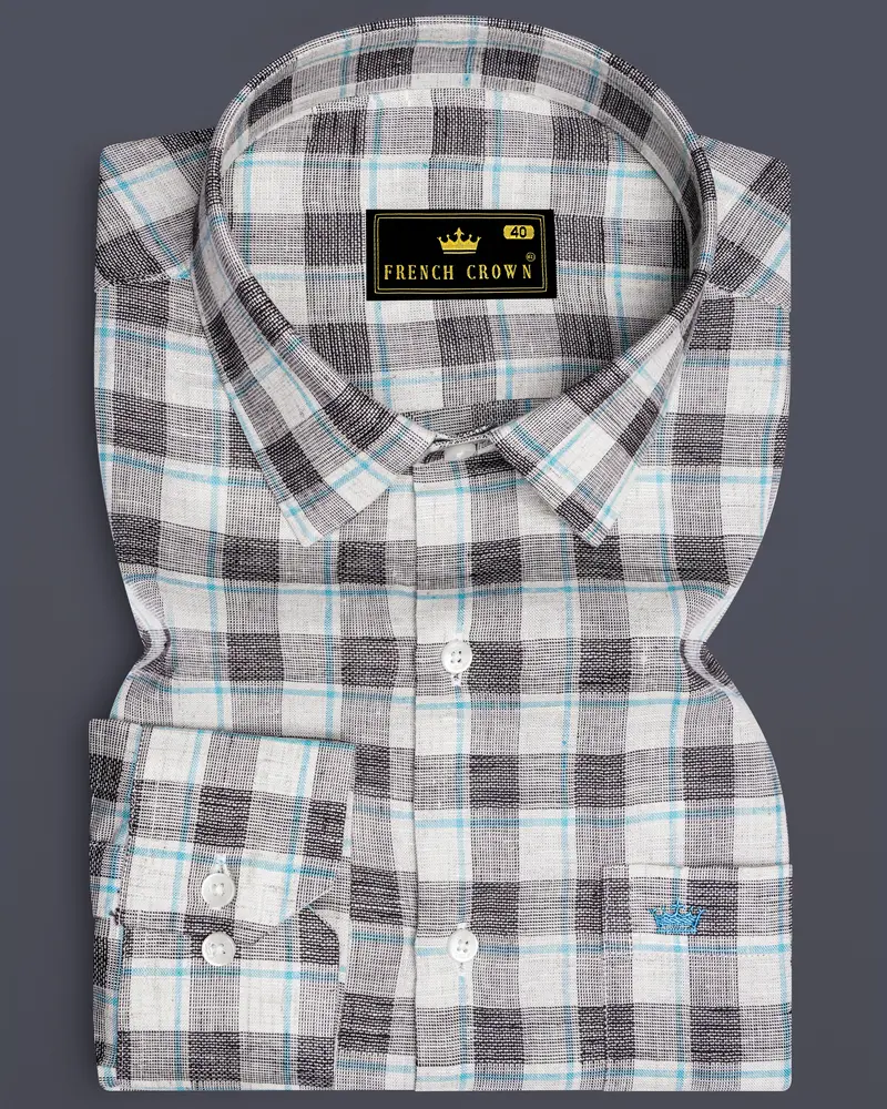 Alviano-Vista White And Horizon Blue Plaid Luxurious Linen Semi Formal Shirt 6