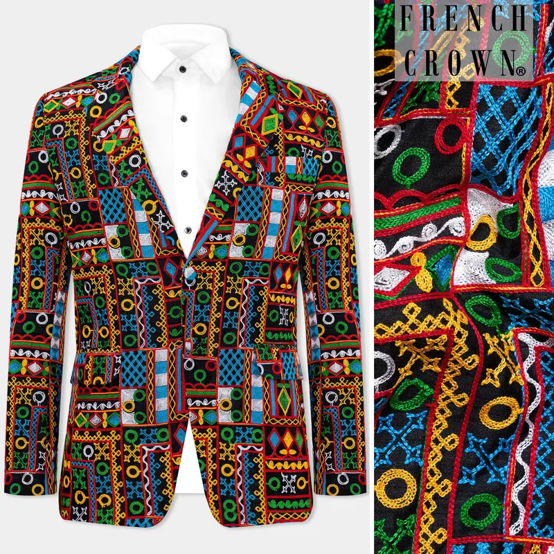 Amber Yellow And Kelly Green Multicolour Cotton Thread Embroidered Designer Blazer 1