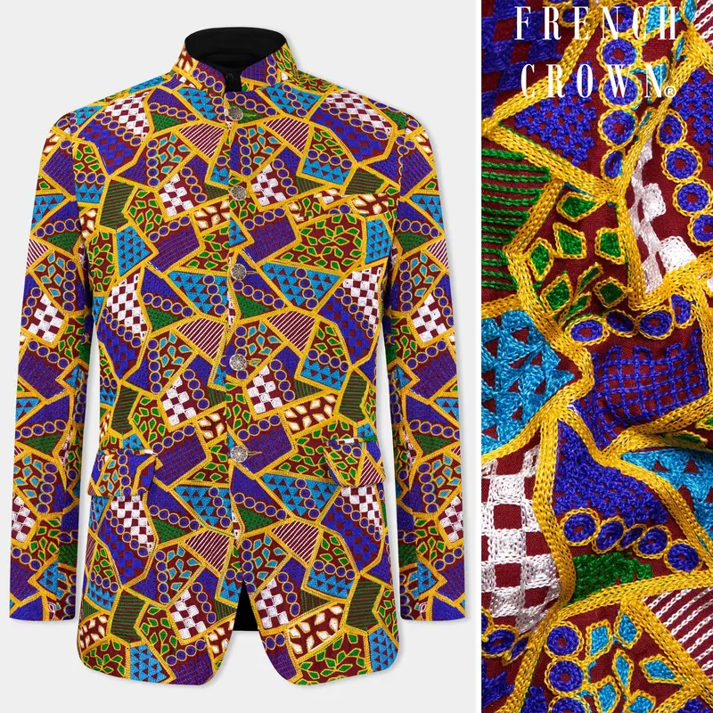Amber Yellow With Cobalt Blue Multicolour Cotton Thread Embroidered Bandhgala Designer Blazer 1