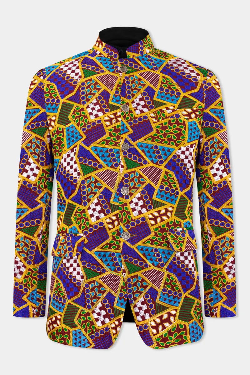 Amber Yellow With Cobalt Blue Multicolour Cotton Thread Embroidered Bandhgala Designer Blazer 2