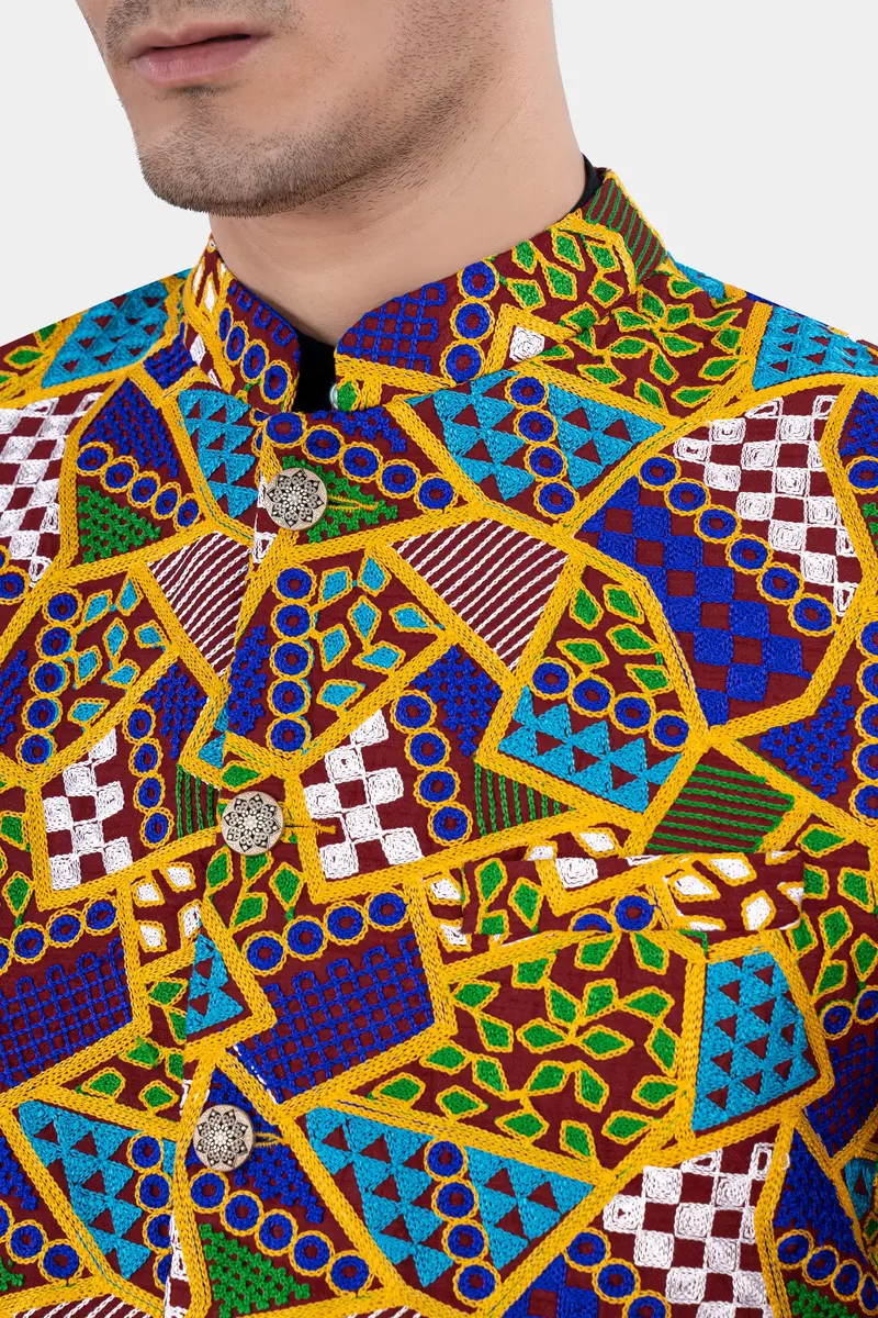 Amber Yellow With Cobalt Blue Multicolour Cotton Thread Embroidered Bandhgala Designer Blazer 4