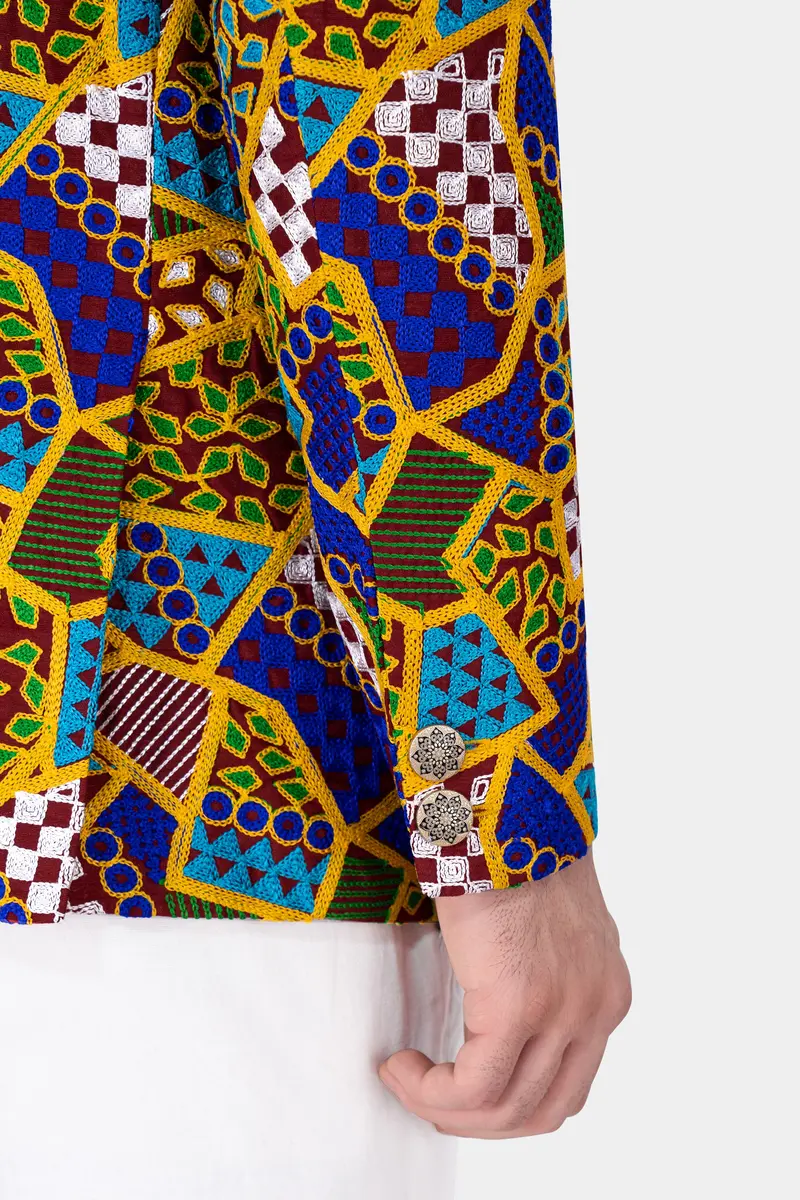 Amber Yellow With Cobalt Blue Multicolour Cotton Thread Embroidered Bandhgala Designer Blazer 5