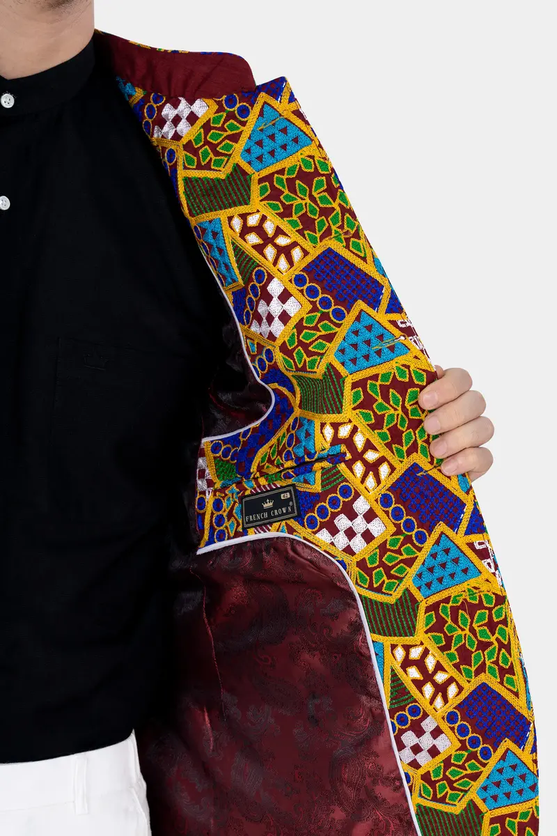 Amber Yellow With Cobalt Blue Multicolour Cotton Thread Embroidered Bandhgala Designer Blazer 6