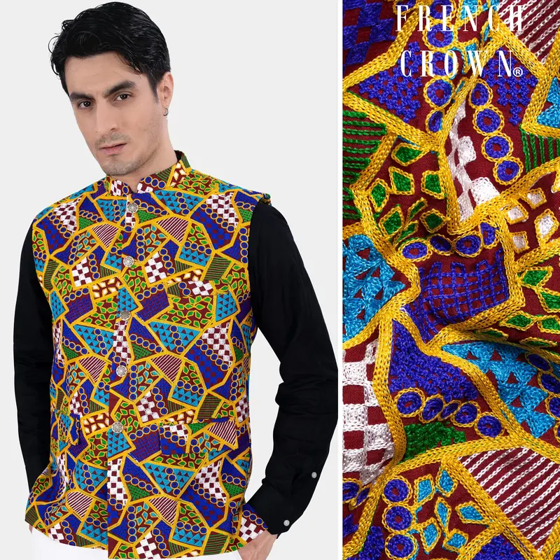 Amber Yellow With Cobalt Blue Multicolour Cotton Thread Embroidered Nehru Jacket 1