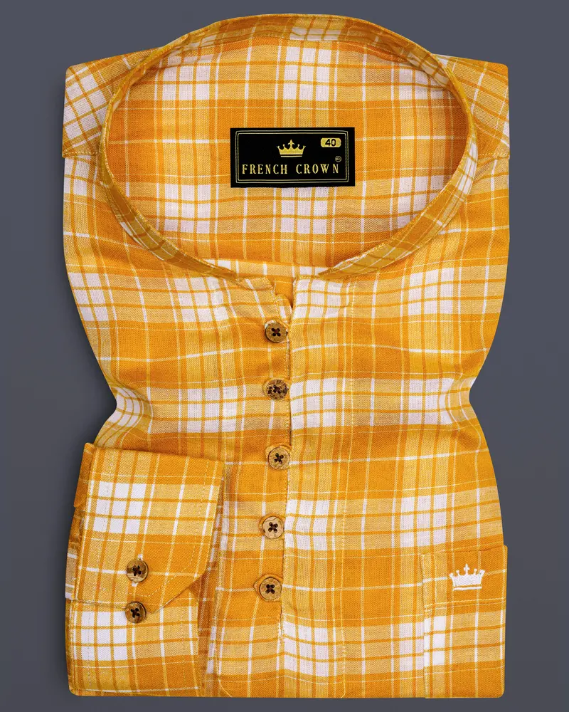 Amberine-Burnt Yellow Plaid Super Soft Tencel Casual Kurta Shirt 1