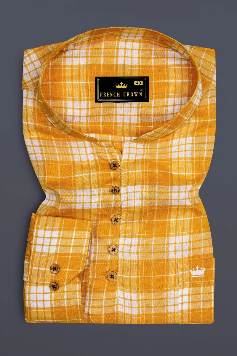 Amberine-Burnt Yellow Plaid Super Soft Tencel Casual Kurta Shirt 2