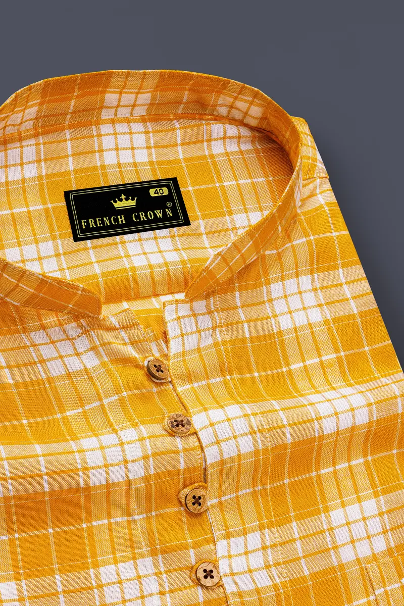 Amberine-Burnt Yellow Plaid Super Soft Tencel Casual Kurta Shirt 4
