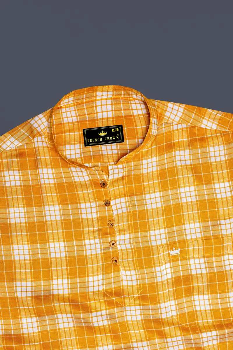 Amberine-Burnt Yellow Plaid Super Soft Tencel Casual Kurta Shirt 5