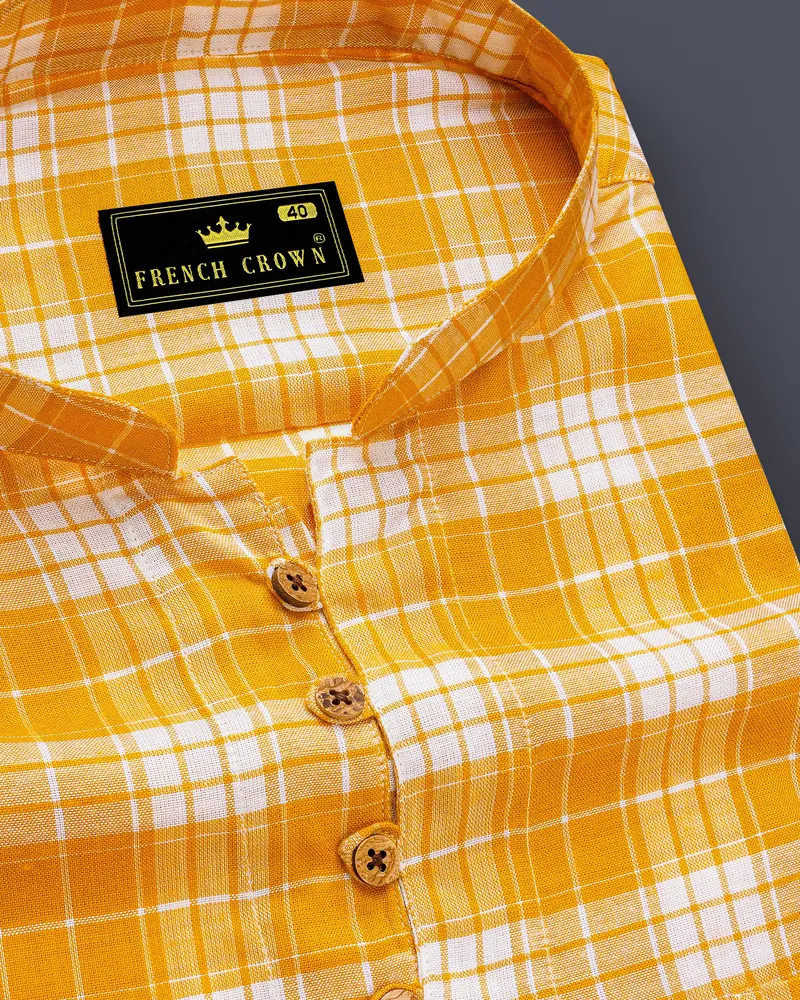 Amberine-Burnt Yellow Plaid Super Soft Tencel Casual Kurta Shirt 6