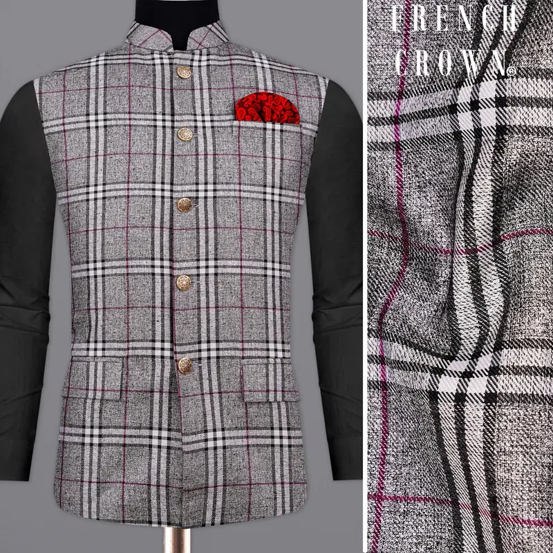 Amethyst Gray With Black Plaid Bandhgala Nehru Jacket 1