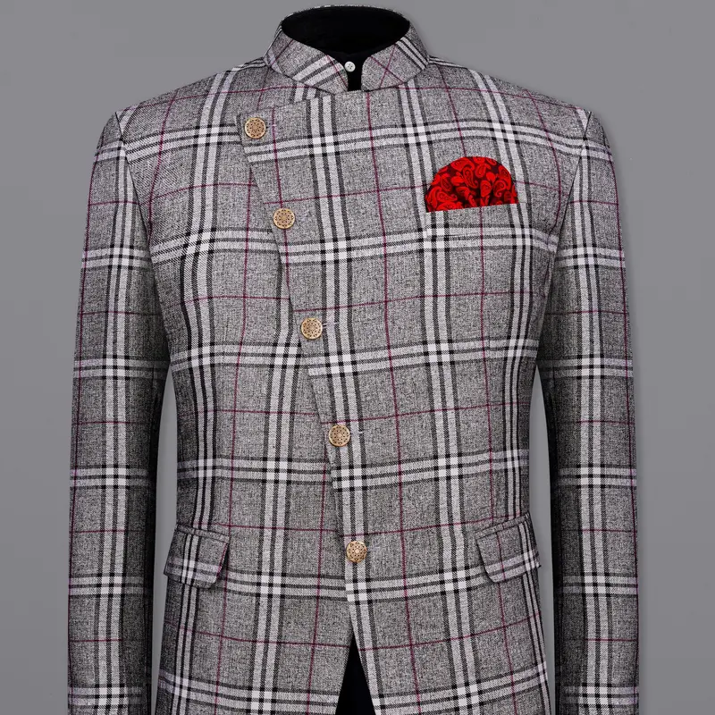 Amethyst Gray With Black Plaid Cross Placket Bandhgala Blazer 1