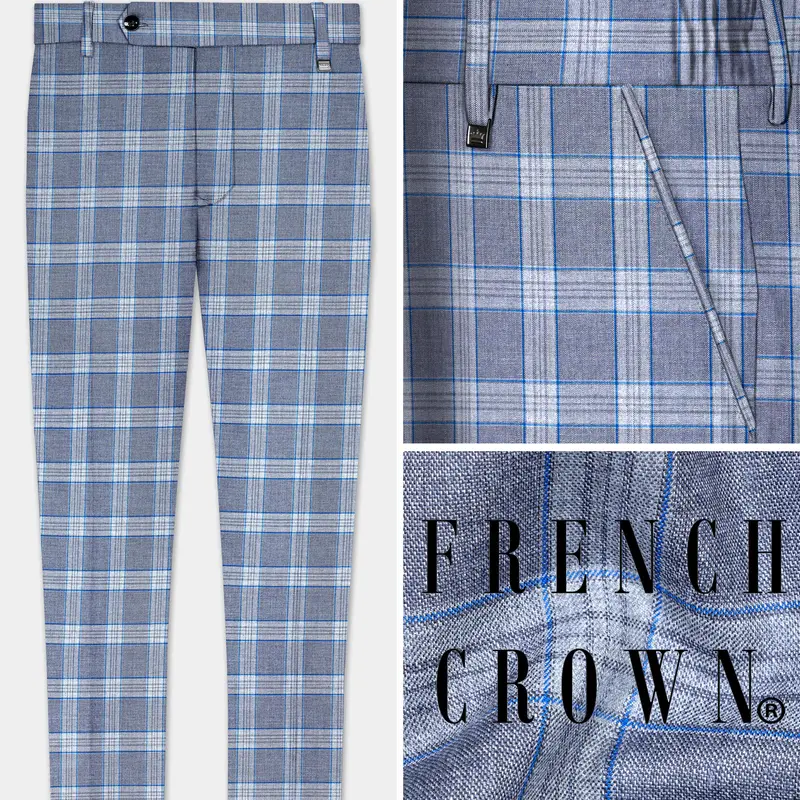 Amethyst Smoke Blue Checked Wool Blend Pant 1
