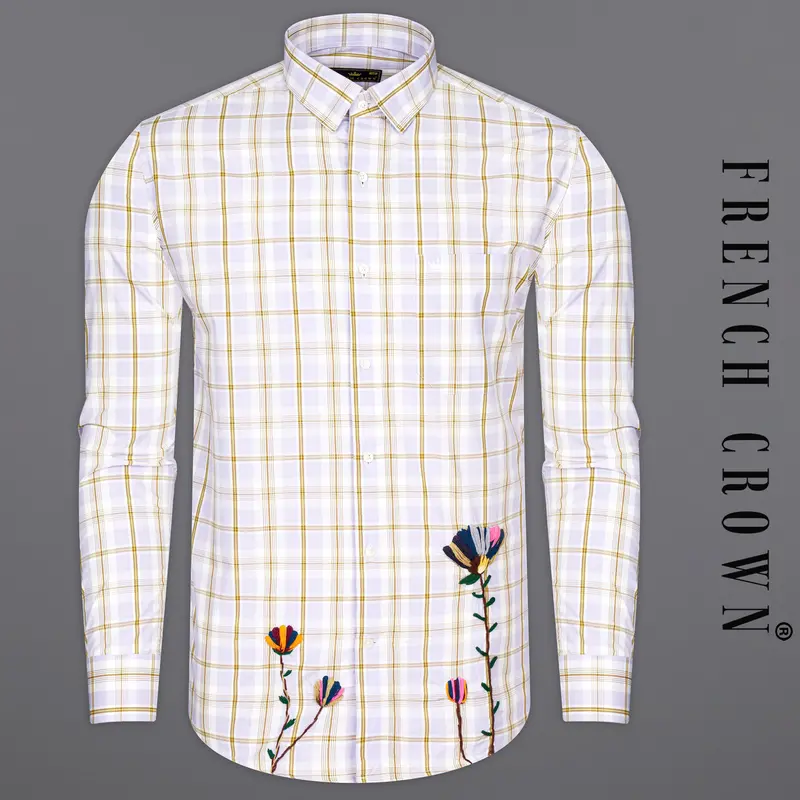Amour Lavender With Leather Brown Checkered Floral Embroidered Premium Cotton Designer Shirt 1