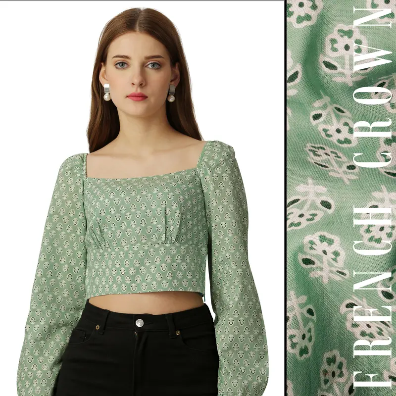 Amulet Green And White Printed Premium Cotton Crop Top 1