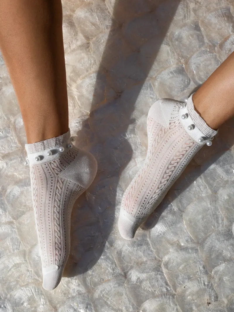 Ankle Eyelet Pearls Frill White 1