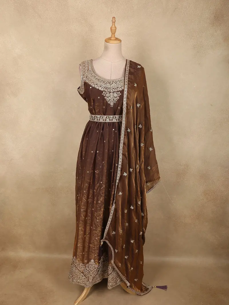 Antique Bronze Brown Beads And Mirror Embroidered Design Organza Party Wear Gown With Hip Belt 1