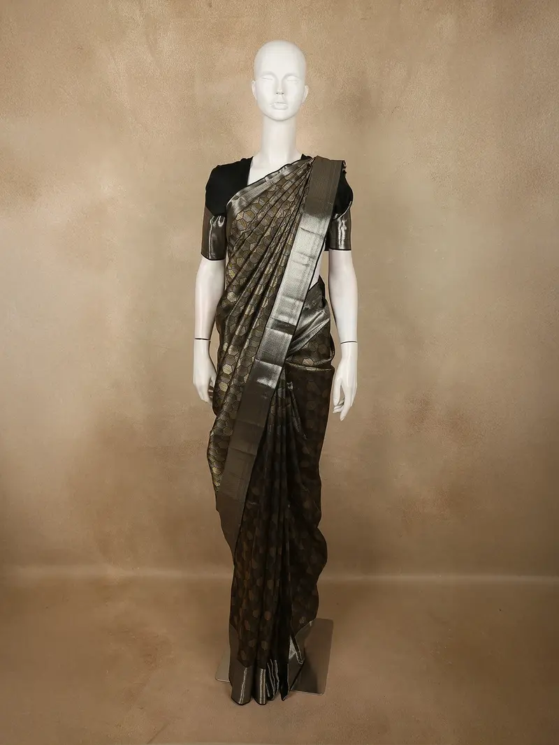 Antique Bronze Brown Geometric Zari Woven Design Pure Kanchipuram Silk Saree With Zari Border 1