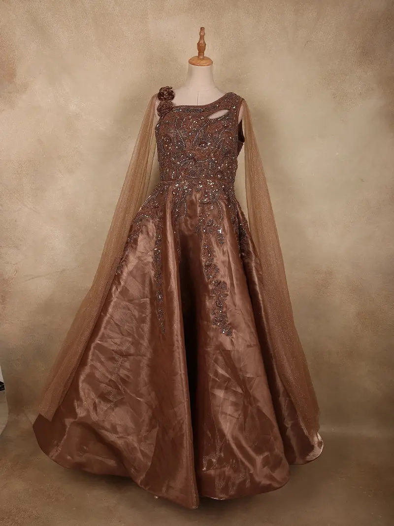 Antique Bronze Brown Heavy Sequins And Beads Embroidered Design Satin Engagement Gown 1