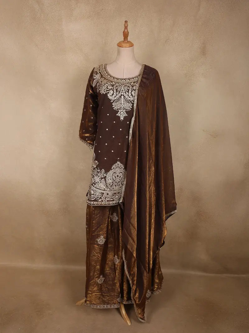 Antique Bronze Brown Sequins And Beads Embroidered Design Organza Lehenga With Dupatta 1