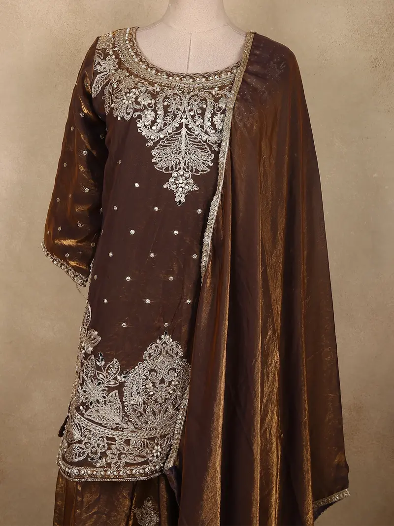 Antique Bronze Brown Sequins And Beads Embroidered Design Organza Lehenga With Dupatta 2