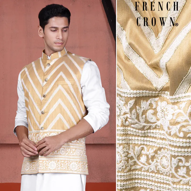 Antique Brown And Merino Cream Zig Zag Cotton Thread Embroidered Designer Nehru Jacket 1