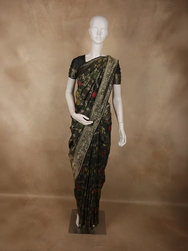 Antique Charcoal Black With Multicolor Floral Zari Woven Design Pure Banarasi Saree With Zari Border 1