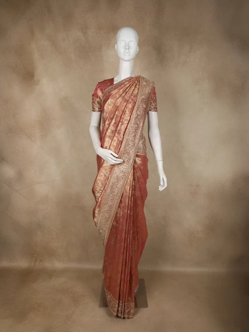 Antique Copper Peach Floral Zari Woven Design Tissue Banarasi Designer Saree With Designer Border 1