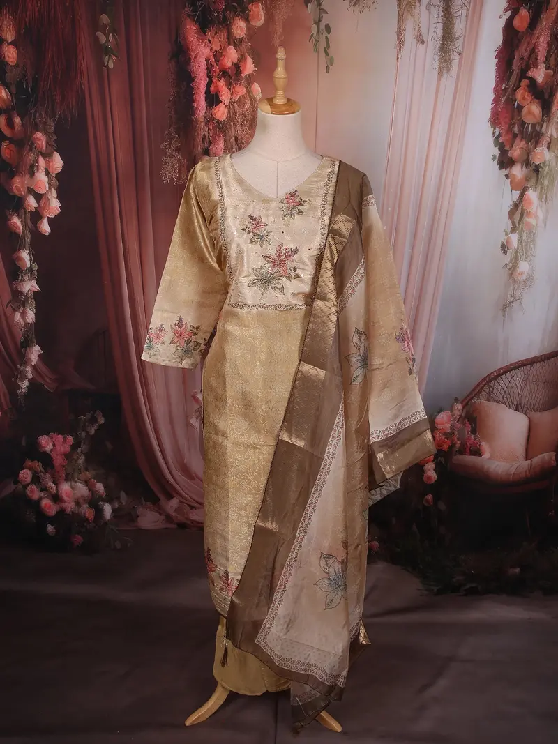 Antique Gold Beige Floral Thread Embroidered Design Tissue Straight Cut Salwar Suit 1