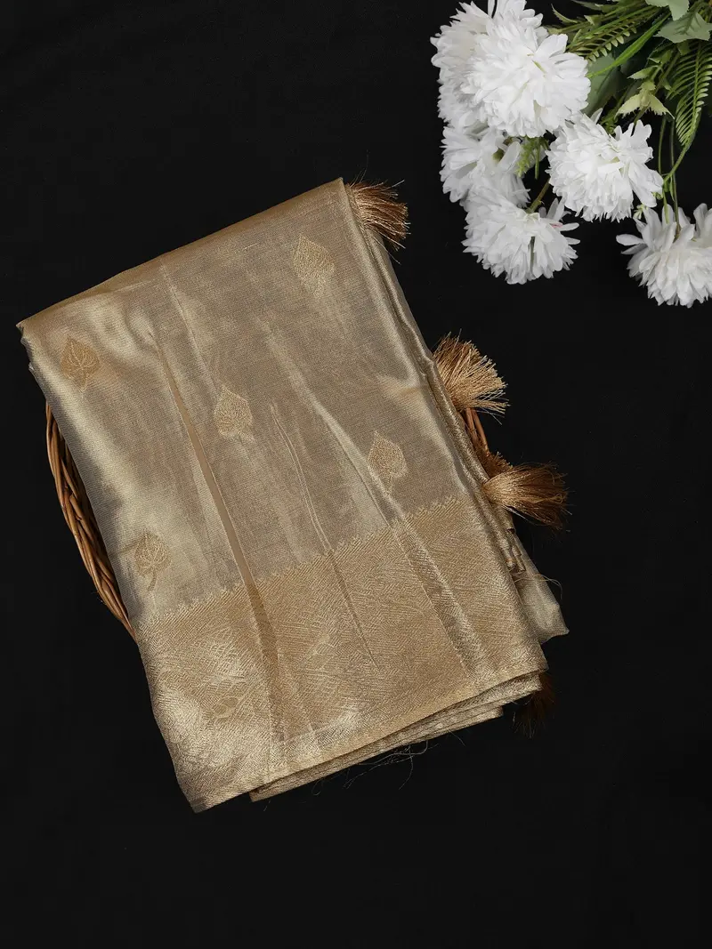 Antique Gold Beige Floral Zari Woven Design Tissue Silk Fancy Saree With Zari Border 1
