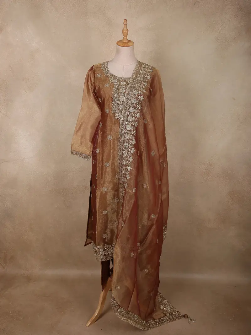 Antique Gold Brown Floral Zari Embroidered Design Tissue Organza Salwar Suit With Dupatta 1