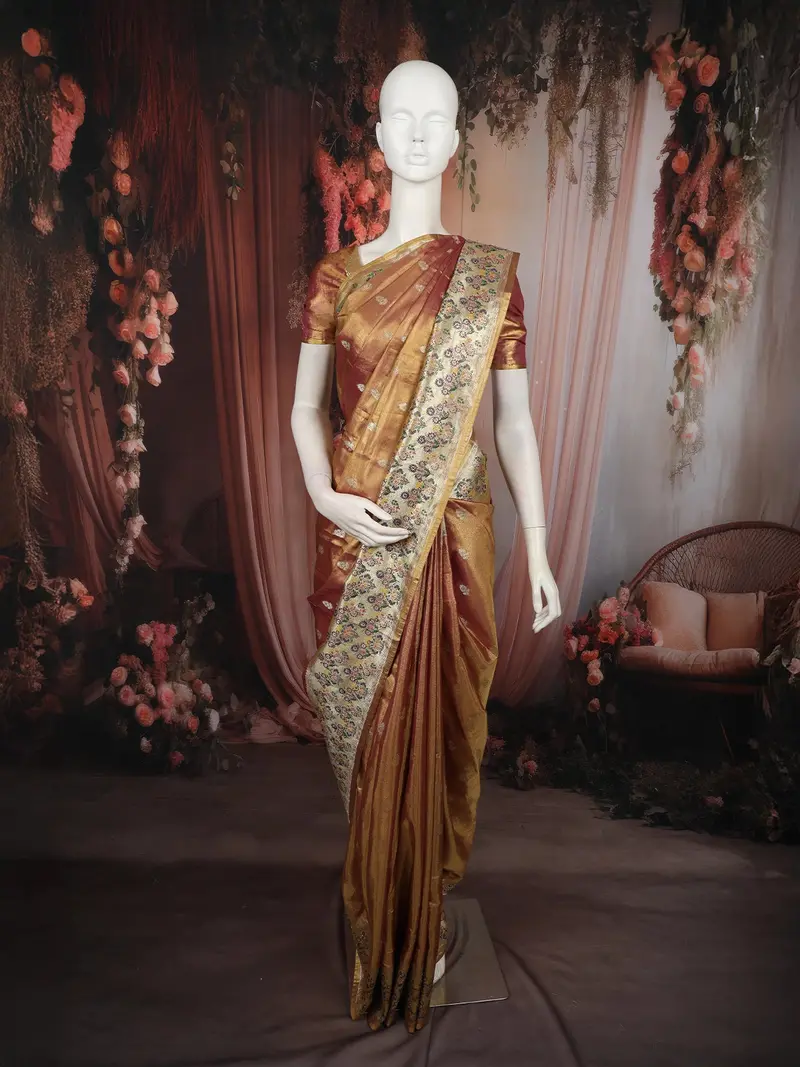 Antique Gold Floral Butta Zari Woven Design Tissue Organza Fancy Saree With Stone Work Border 1