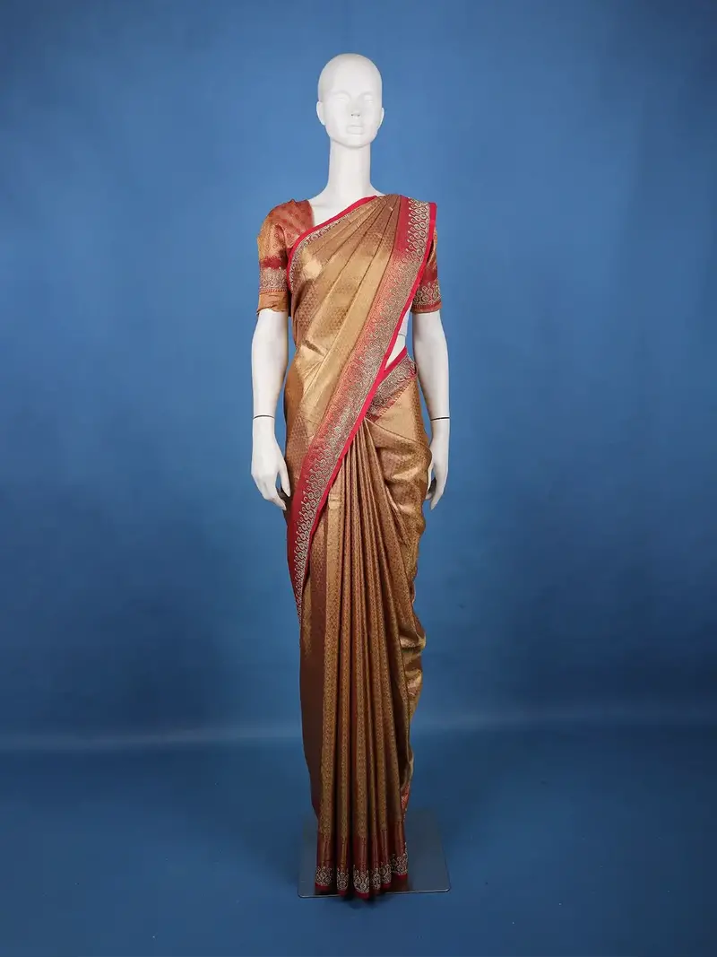 Antique Gold Floral Woven Banarasi Silk Saree 1