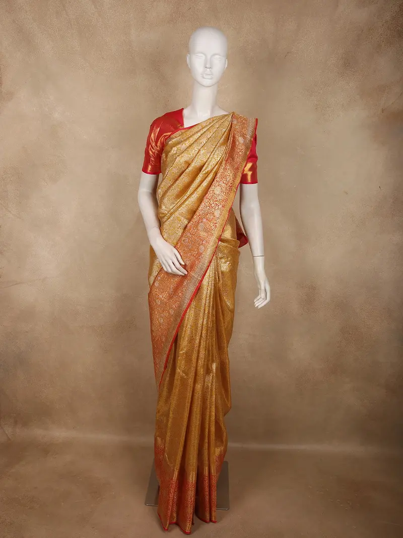 Antique Gold Floral Zari Woven Design Pure Kanchipuram Silk Saree With Contrast Zari Border 1
