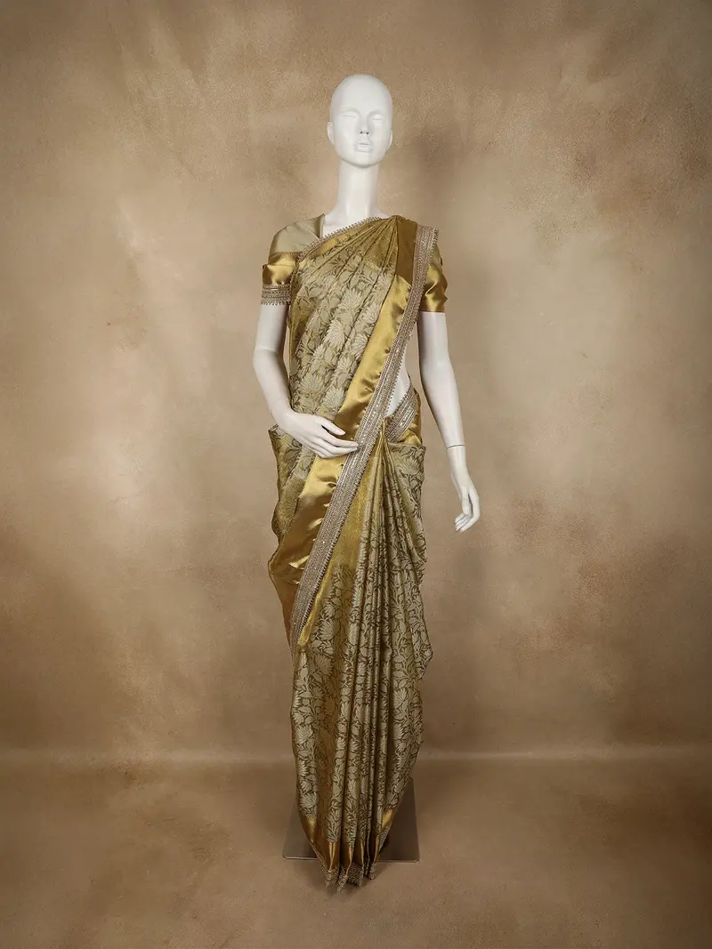 Antique Gold Floral Zari Woven Design Tissue Silk Saree With Designer Border 1