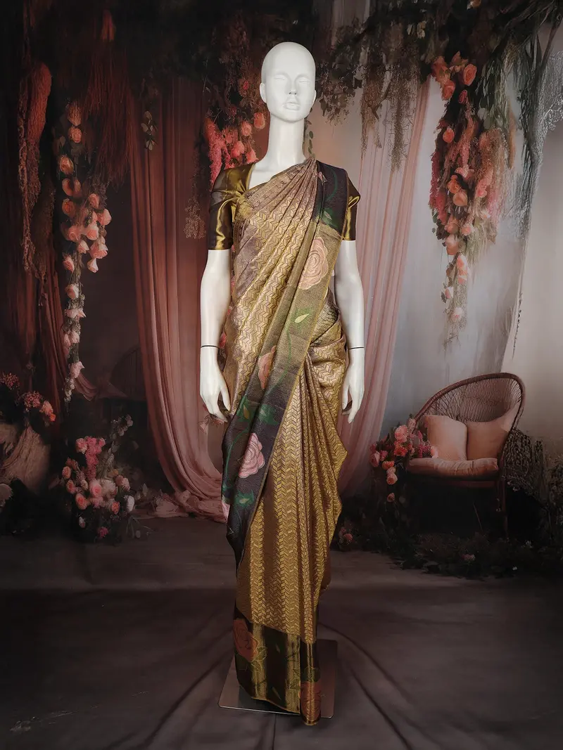 Antique Gold Geometric Woven Tissue Silk Saree With Contrast Floral Border 1