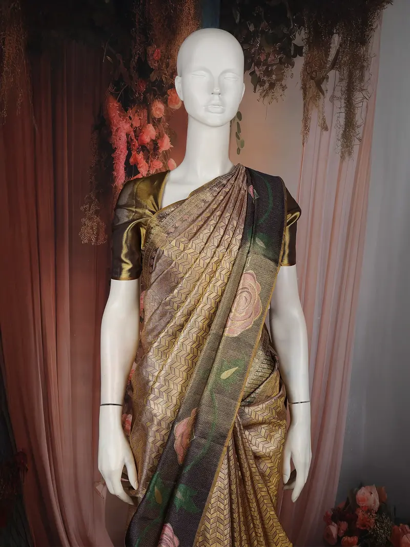 Antique Gold Geometric Woven Tissue Silk Saree With Contrast Floral Border 2
