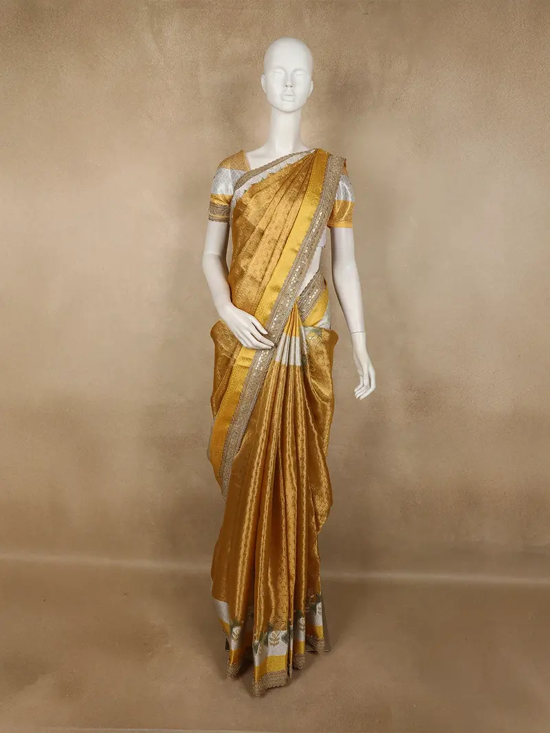 Antique Gold Geometric Zari Woven Design Tissue Designer Saree With Sequins Border 1