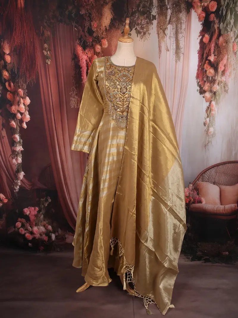 Antique Gold Sequins And Beads Embroidered Design Tissue Silk Fancy Wear Gown With Dupatta 1