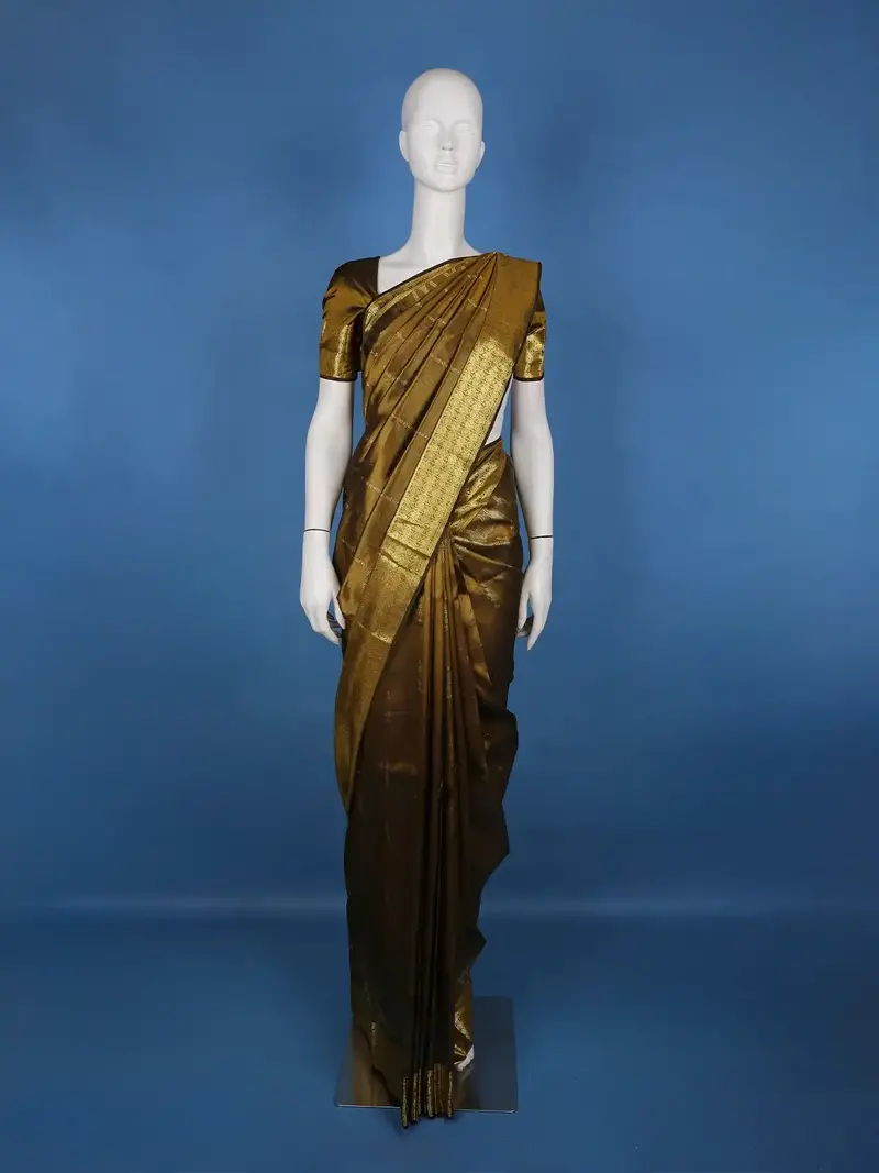Antique Gold Woven Floral Design Zari Border Silk Saree 1