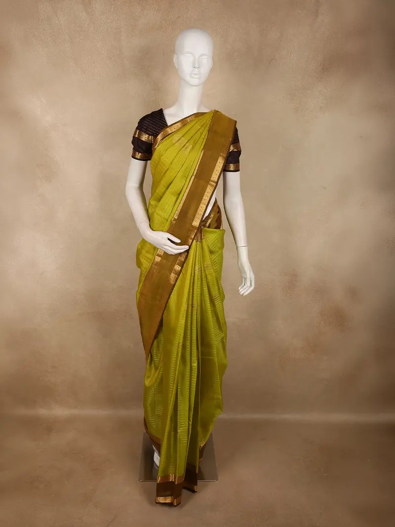 Antique Lime Green Checked Zari Woven Design Pure Kanchipuram Silk Saree With Contrast Zari Border 1