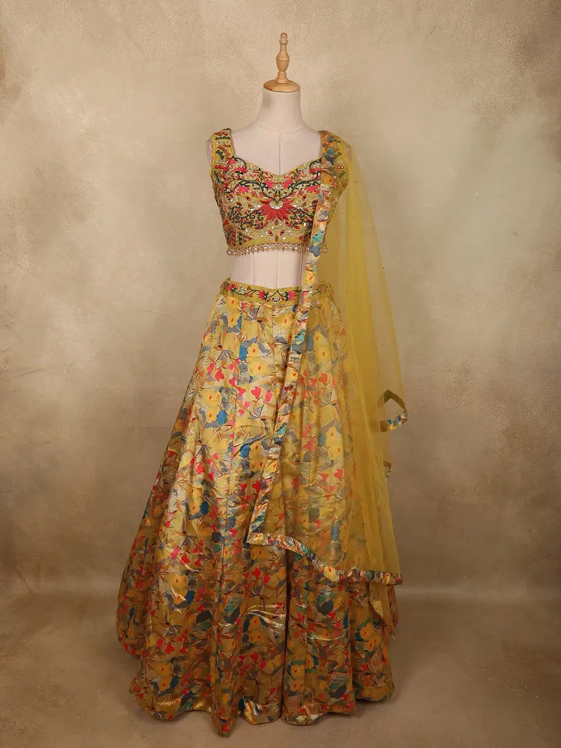 Antique Mustard Golden Yellow Floral Printed And Sequins Embroidered Design Crepe Bridesmaids Lehenga With Dupatta 1