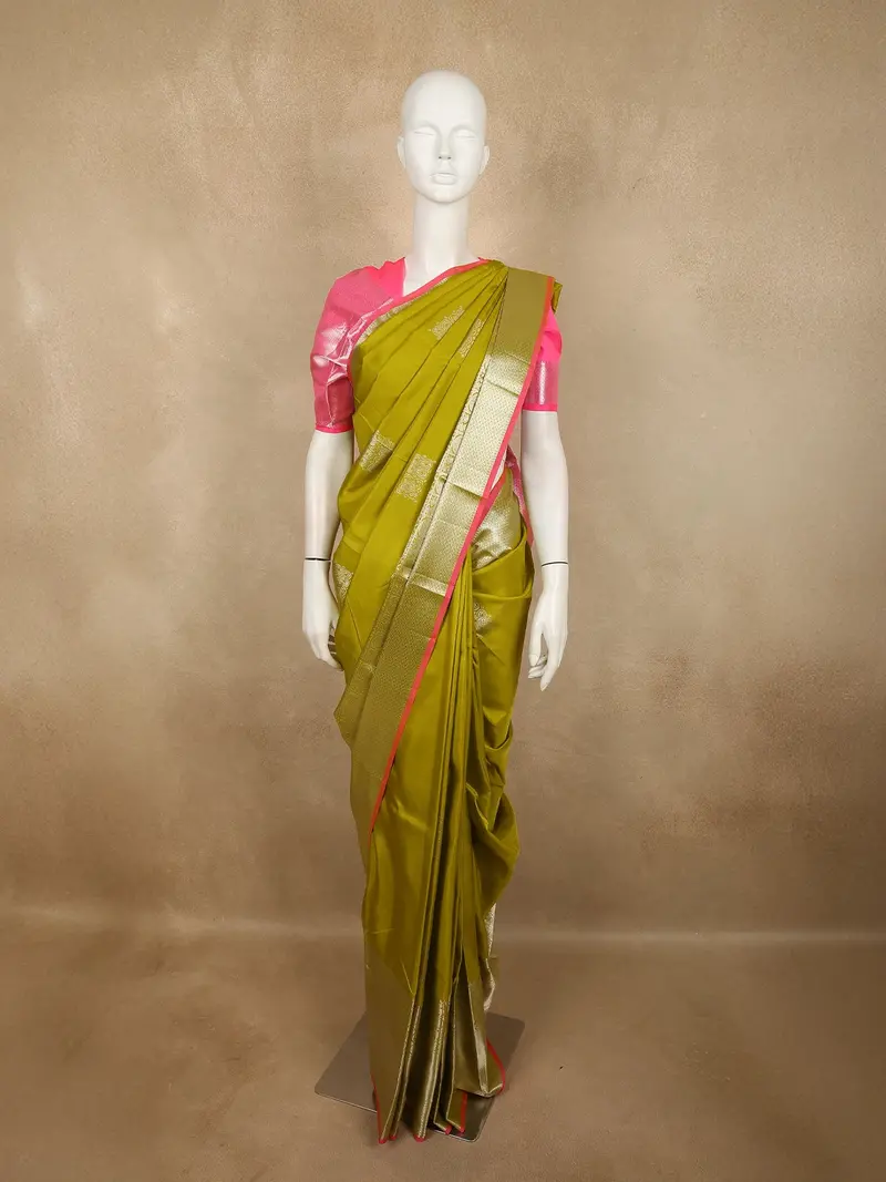 Antique Mustard Olive Floral Butta Zari Woven Design Pure Kanchipuram Silk Saree With Pink Zari Border 1