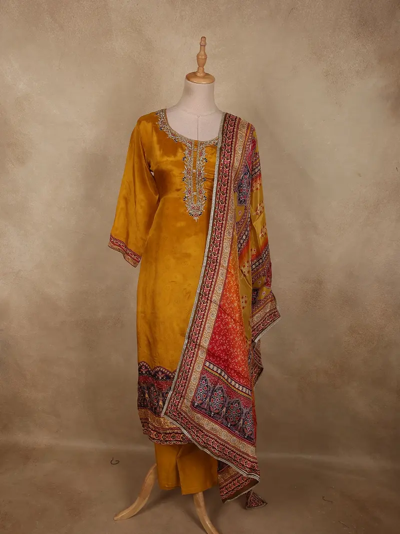 Antique Mustard Yellow Floral Zari Embroidered Design Satin Salwar Suit 1