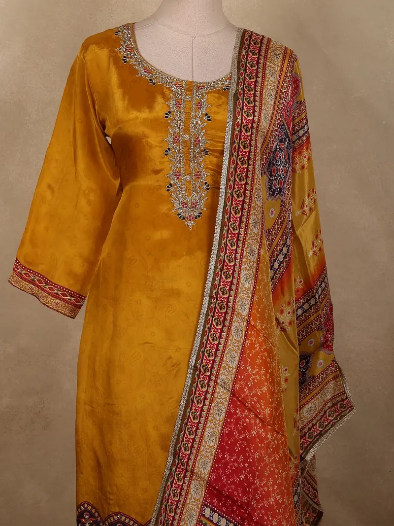 Antique Mustard Yellow Floral Zari Embroidered Design Satin Salwar Suit 2