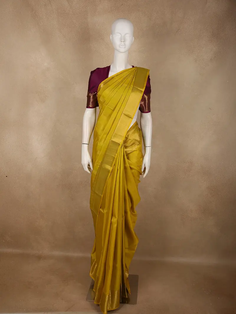 Antique Mustard Yellow Striped Zari Woven Design Pure Kanchipuram Silk Saree 1