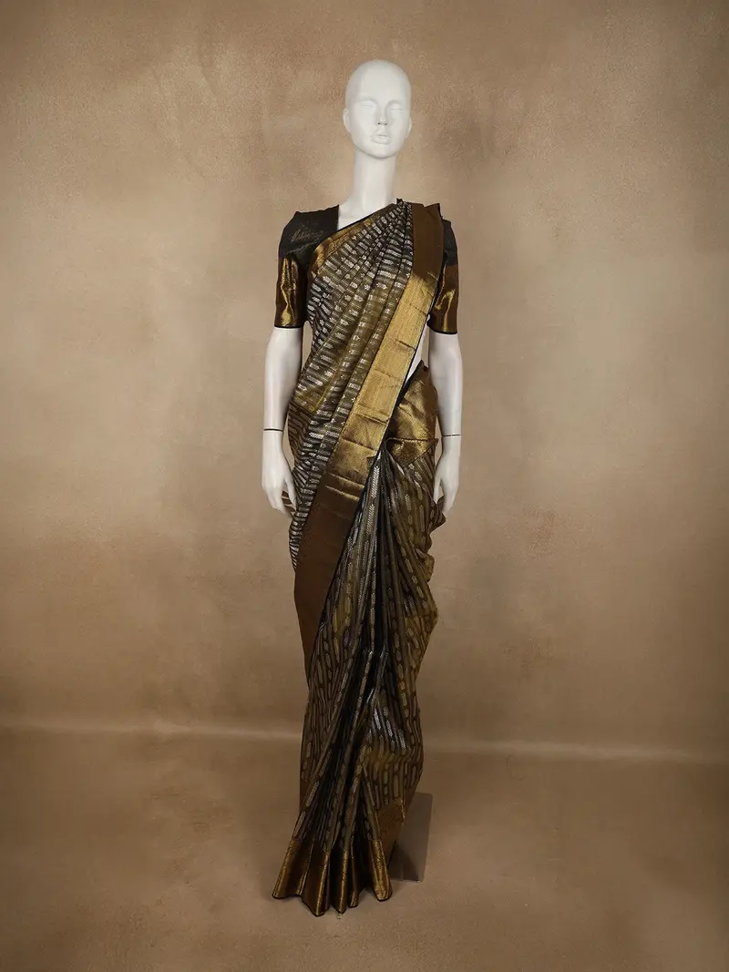 Antique Olive Brown Striped Woven Design Pure Kanchipuram Silk Saree With Zari Border 1