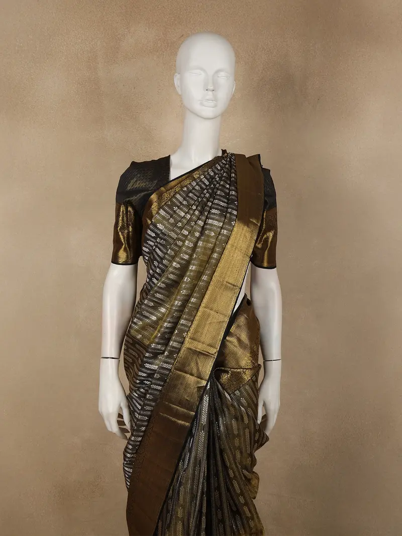 Antique Olive Brown Striped Woven Design Pure Kanchipuram Silk Saree With Zari Border 2